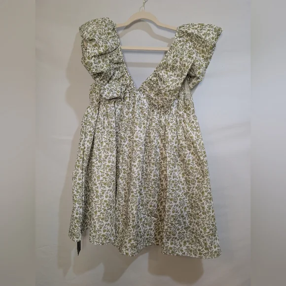 Green Floral Patterned Mini V Neck Puff Sleeve Babydoll Dress L - Picture 2 of 15